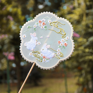 儿童团扇古风汉服宫扇绣花扇子比翼鸟兔子女式掌扇走秀长柄跳舞扇