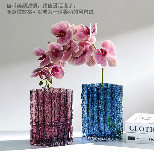 ins风海洋蓝菱格加厚玻璃花瓶