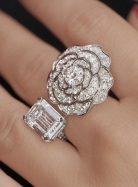 欧美高级感山茶花戒指通体925纯银高品质时尚小众开口女戒闪钻