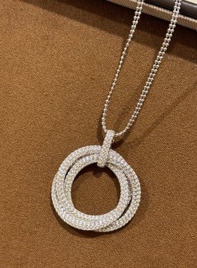 欧美时尚三环项链通体925纯银重工珠宝款绕线圆形不规则光珠链条
