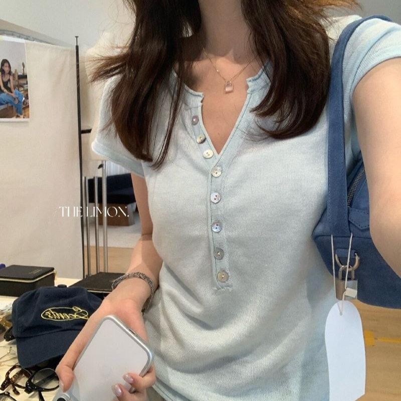 夏季短袖纯色百搭女装正肩针织半开领t恤洋气2026年上衣新款显瘦