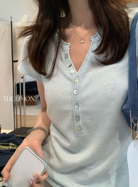 夏季短袖纯色百搭女装正肩针织半开领t恤洋气2026年上衣新款显瘦