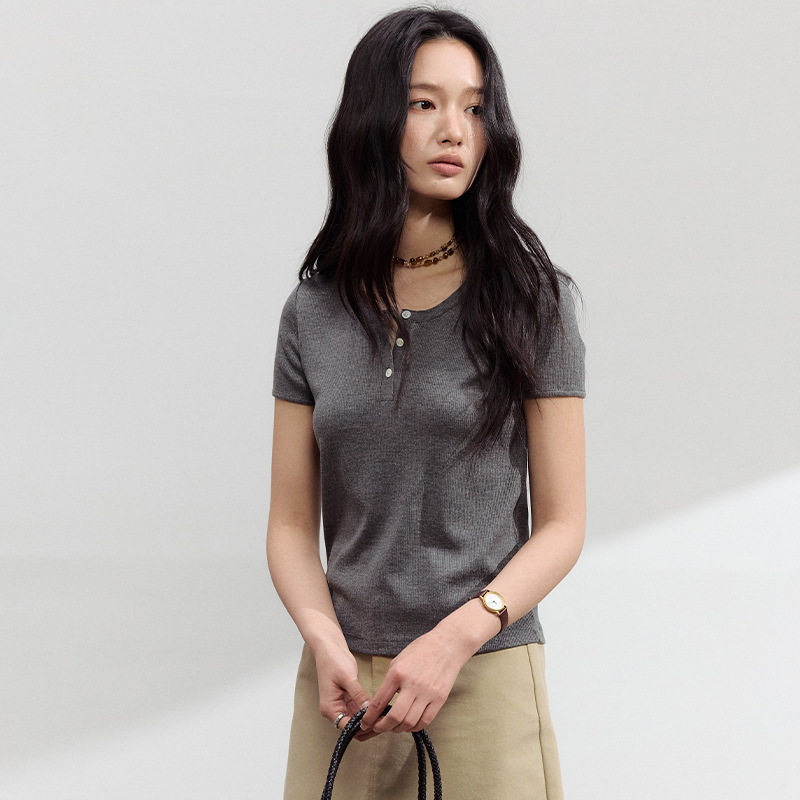春夏天丝醋酸亚麻短袖女新款莱赛尔针织打底衫基础款内搭修身上衣图片