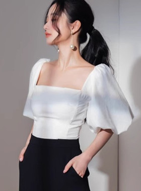 高端轻奢白色小众设计高级感气质名媛甜美花苞袖短袖复古短款上衣