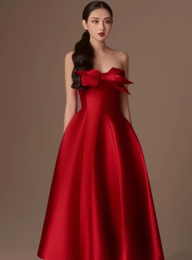 高定轻奢女装红色小众设计长裙新娘回门服敬酒服法式简约礼服