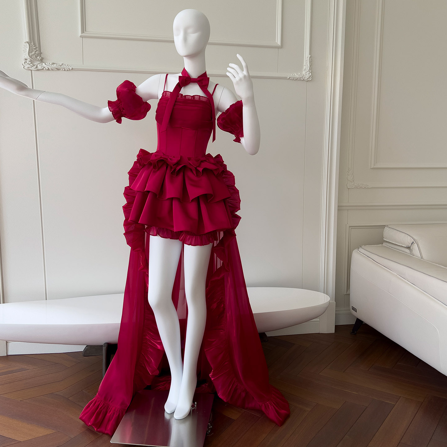 轻奢女装珊瑚红色哥特风设计感圣诞跨年战袍洋装礼服洛丽塔连衣裙