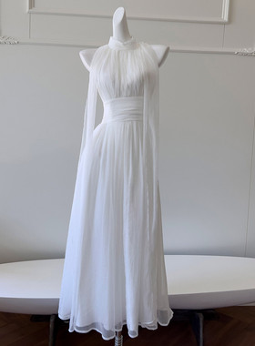 轻奢女装白色气质温柔风海边度假飘带仙女长裙成人礼宴会婚礼礼服