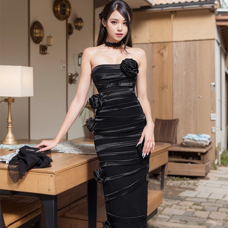 高端轻奢女装黑色玫瑰立体花朵性感抹胸无袖修身包臀长裙宴会礼服