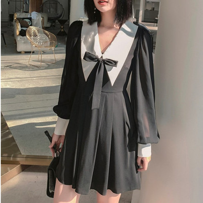 复古长袖短裙礼服连衣裙翻领短裙