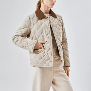 复古文艺感经典菱格绗缝撞色翻领鹅绒服短款冬季小个子羽绒服外套