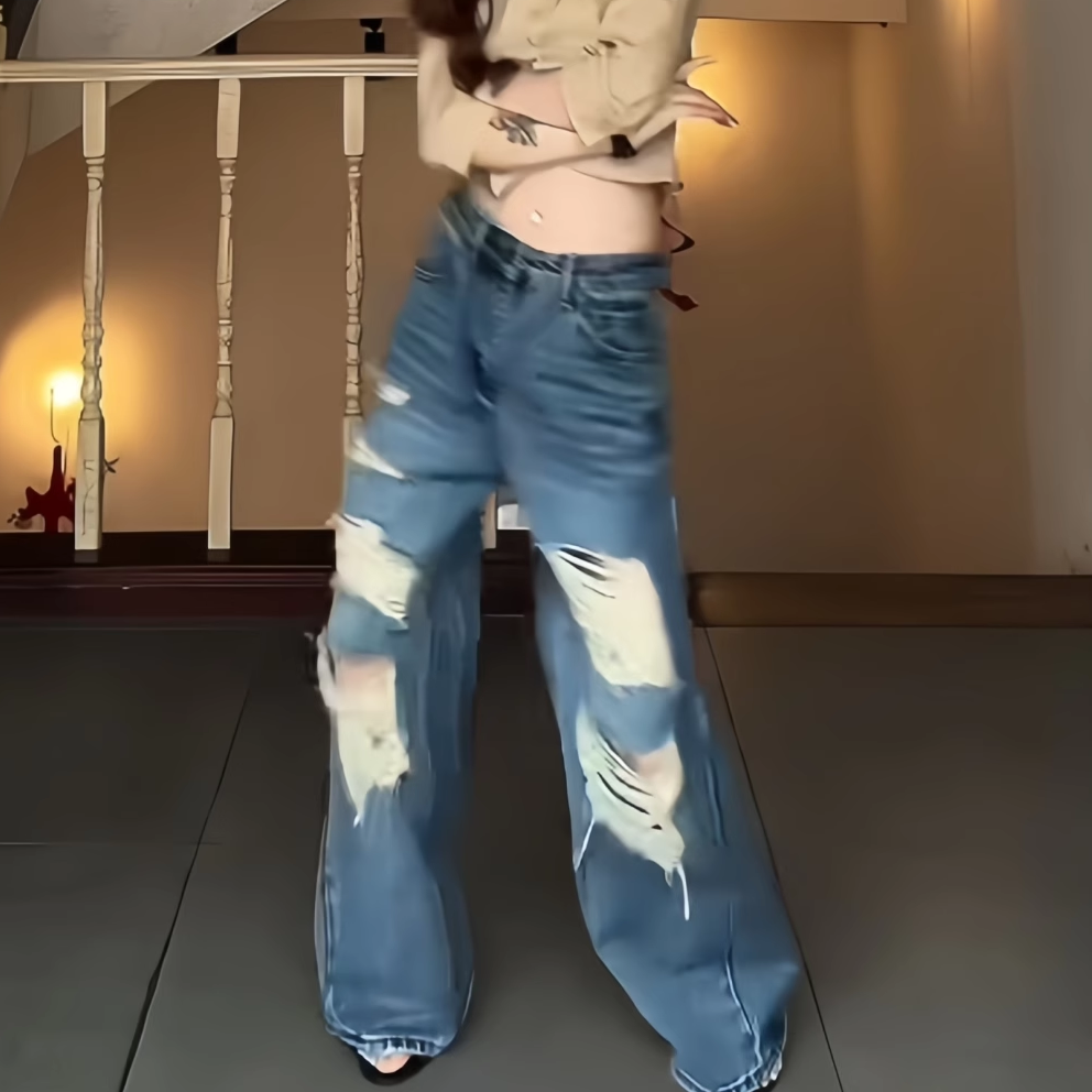 原SUN11 STUDIO复古蓝破洞阔腿牛仔裤女夏季设计感高腰显瘦拖地裤