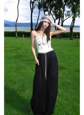 美式复古白色抹胸上衣女夏季25辣妹风修身背心褶皱速干直筒阔腿裤