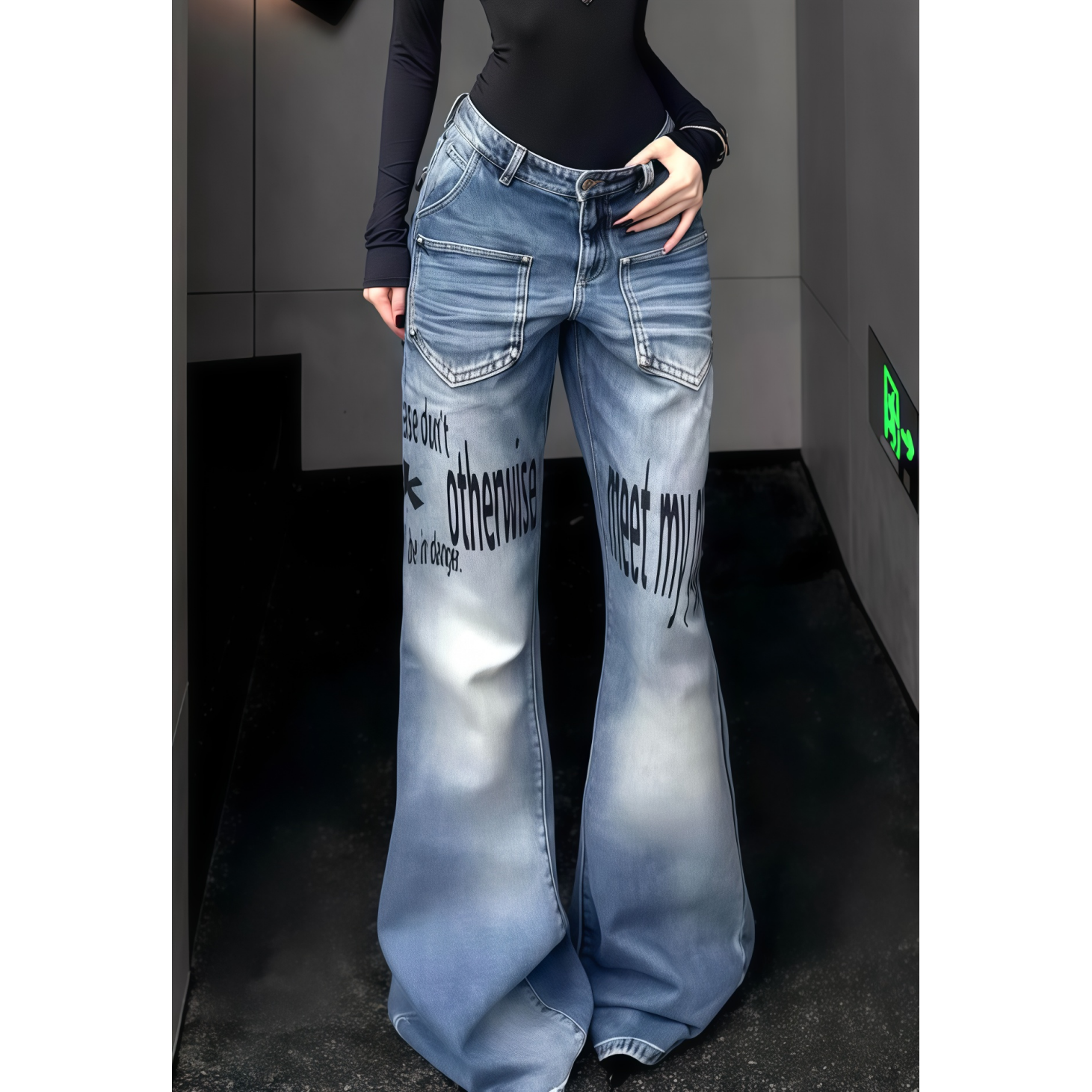 原SUN11 STUDIO复古小众标语水洗蓝牛猫须微喇铆钉百搭牛仔裤男女