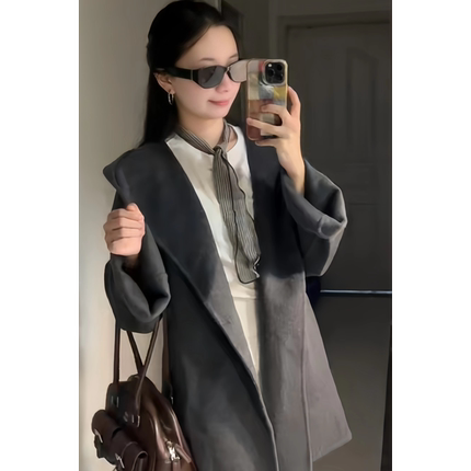 美式复古羊毛呢子大衣女冬季2025新款小个子宽松连帽系带毛呢外套