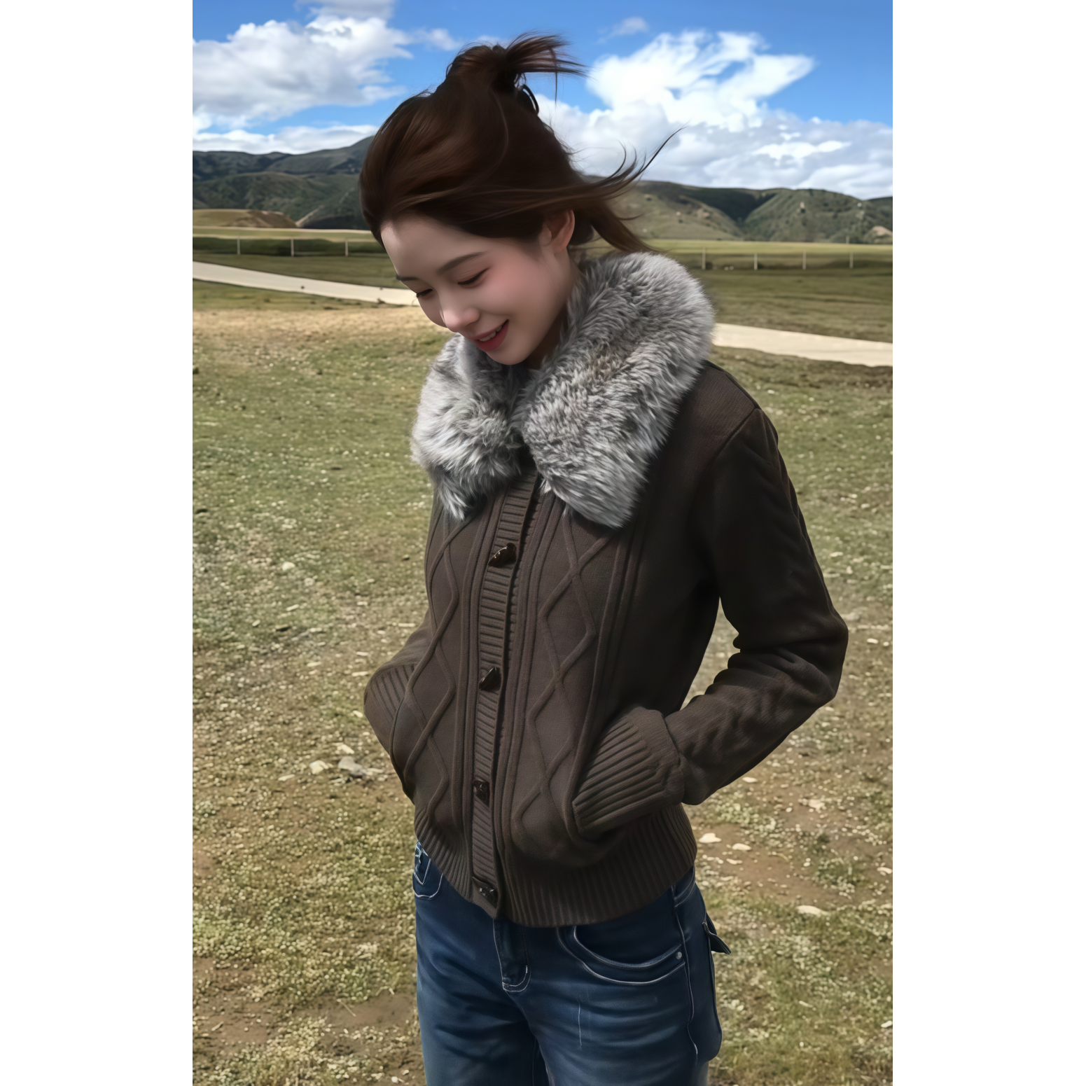 原SUN11 STUDIO复古绞花毛衣女收腰慵懒短外套牛角扣显瘦毛领开衫