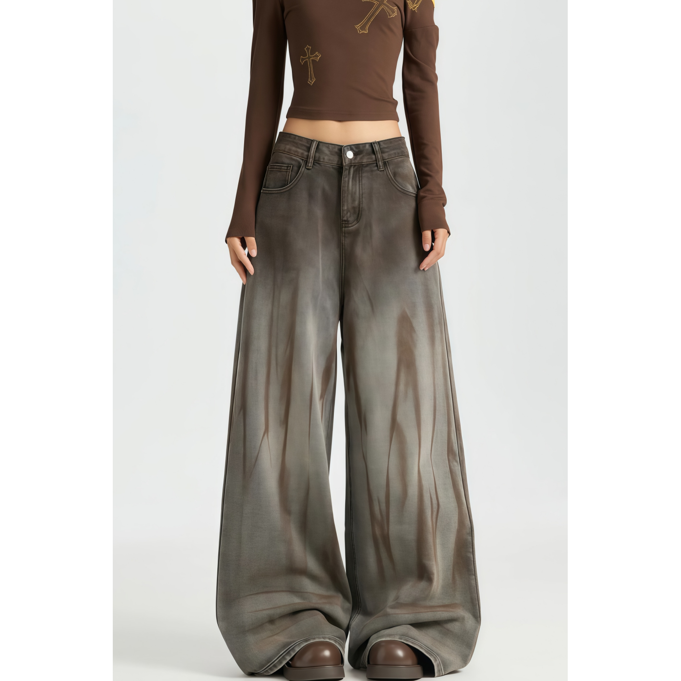 美式复古废土风做旧阔腿牛仔裤女2025秋冬季扎染水洗弯刀裤长裤子