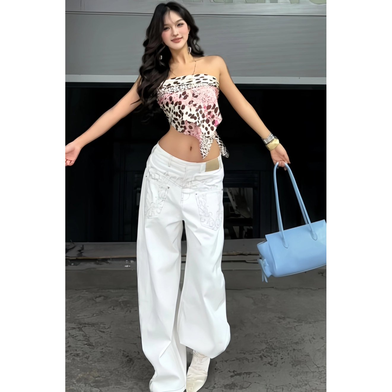 原SUN11 STUDIO辣妹粉色豹纹印花抹胸上衣夏季美式设计感丝巾背心