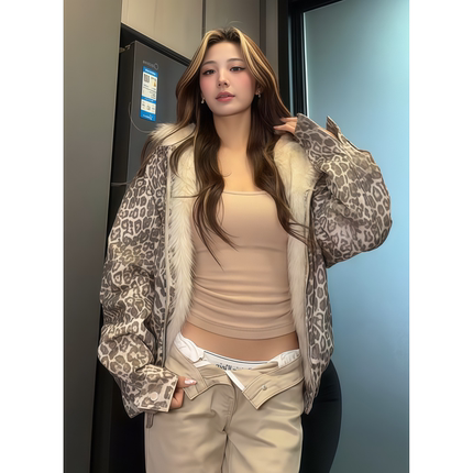 原SUN11 STUDIO美式辣妹豹纹座山雕棉衣女2025新款秋冬季拉链外套