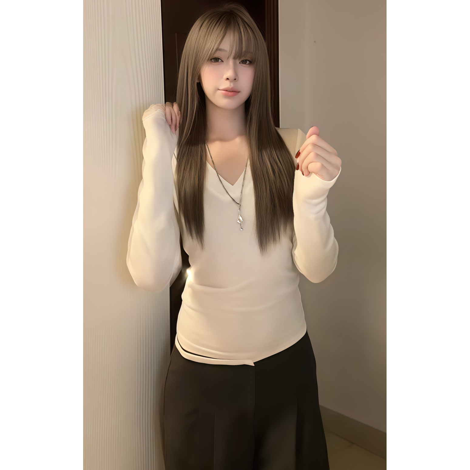 辣妹v领气质穿搭纯色长袖t恤衫女秋季2025新款不撞衫收腰短款上衣