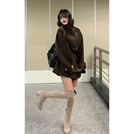 原SUN11 STUDIO赫本风棕色毛呢外套女2025秋冬季系带收腰呢子大衣