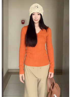 美式复古橙色毛衣女2025新款秋季修身显瘦穿搭慵懒v领针织衫上衣