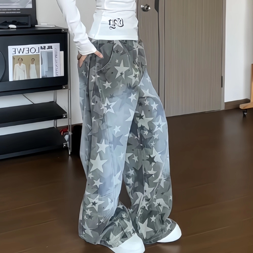 美式复古星星水洗做旧高街牛仔裤女夏季多巴胺弯刀宽松阔腿长裤潮