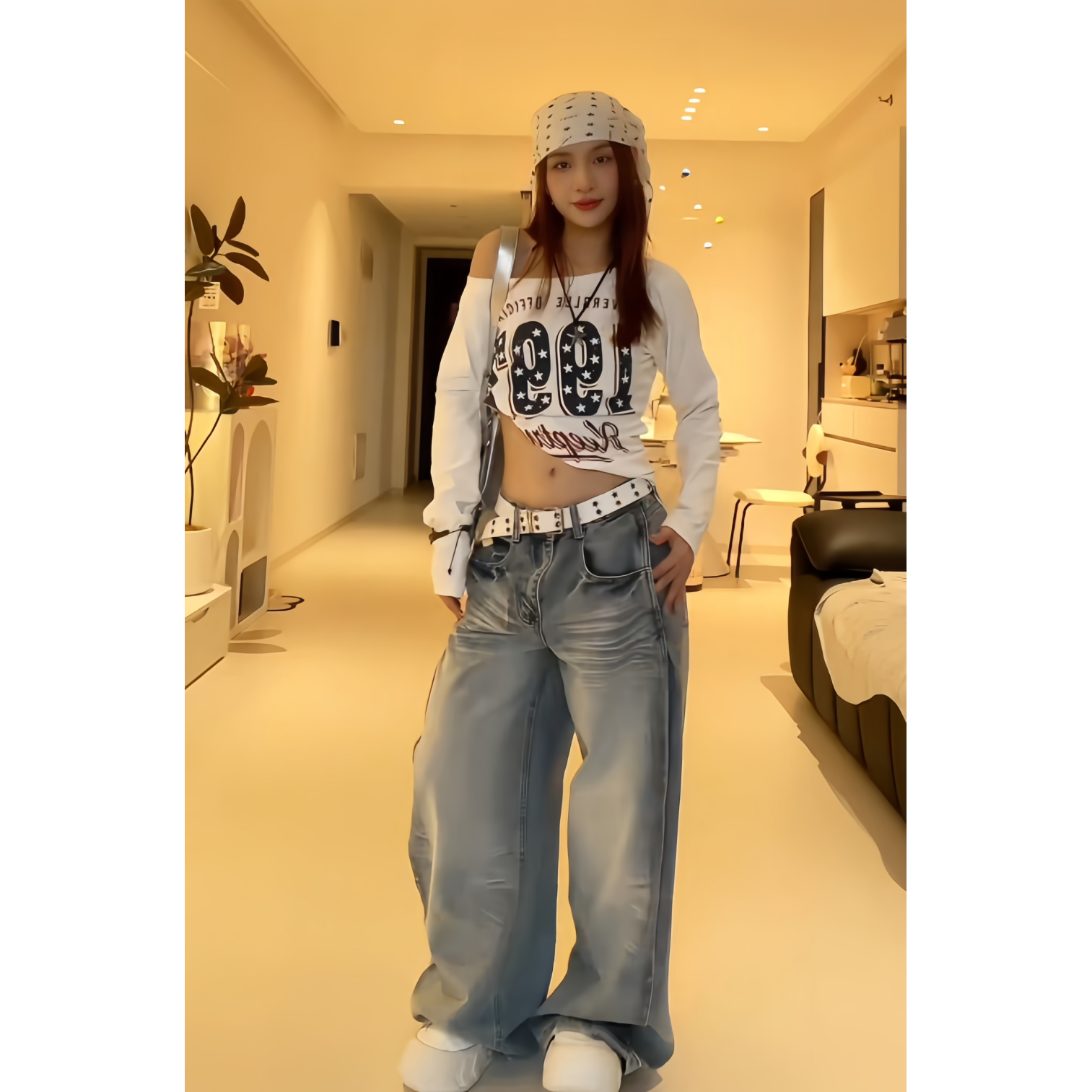 美式浅色水洗牛仔裤女复古显瘦直筒宽松裤子辣妹斜肩长袖T恤上衣