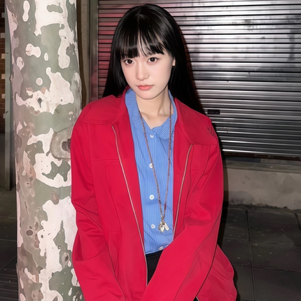 原SUN11 STUDIO翻领外套女2025冬季宽松休闲百搭女款红色夹克上衣