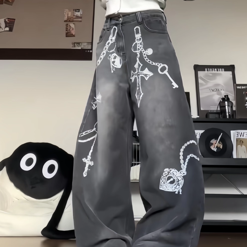 美式复古水洗设计感印花牛仔裤女秋冬季辣妹宽松垂感阔腿长裤子潮