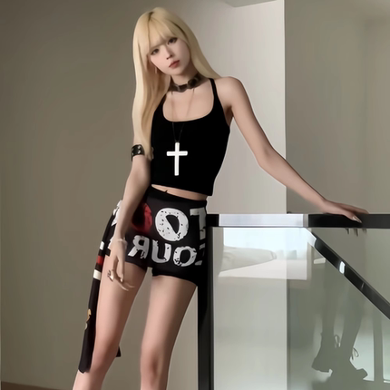 美式辣妹飘带短裤裤裙女夏季25新款泽西风假两件裤子背心吊带上衣