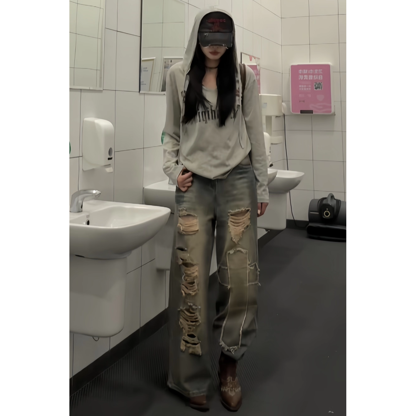 原SUN11 STUDIO多巴胺美式破洞阔腿牛仔裤男女夏季做旧直筒拖地裤