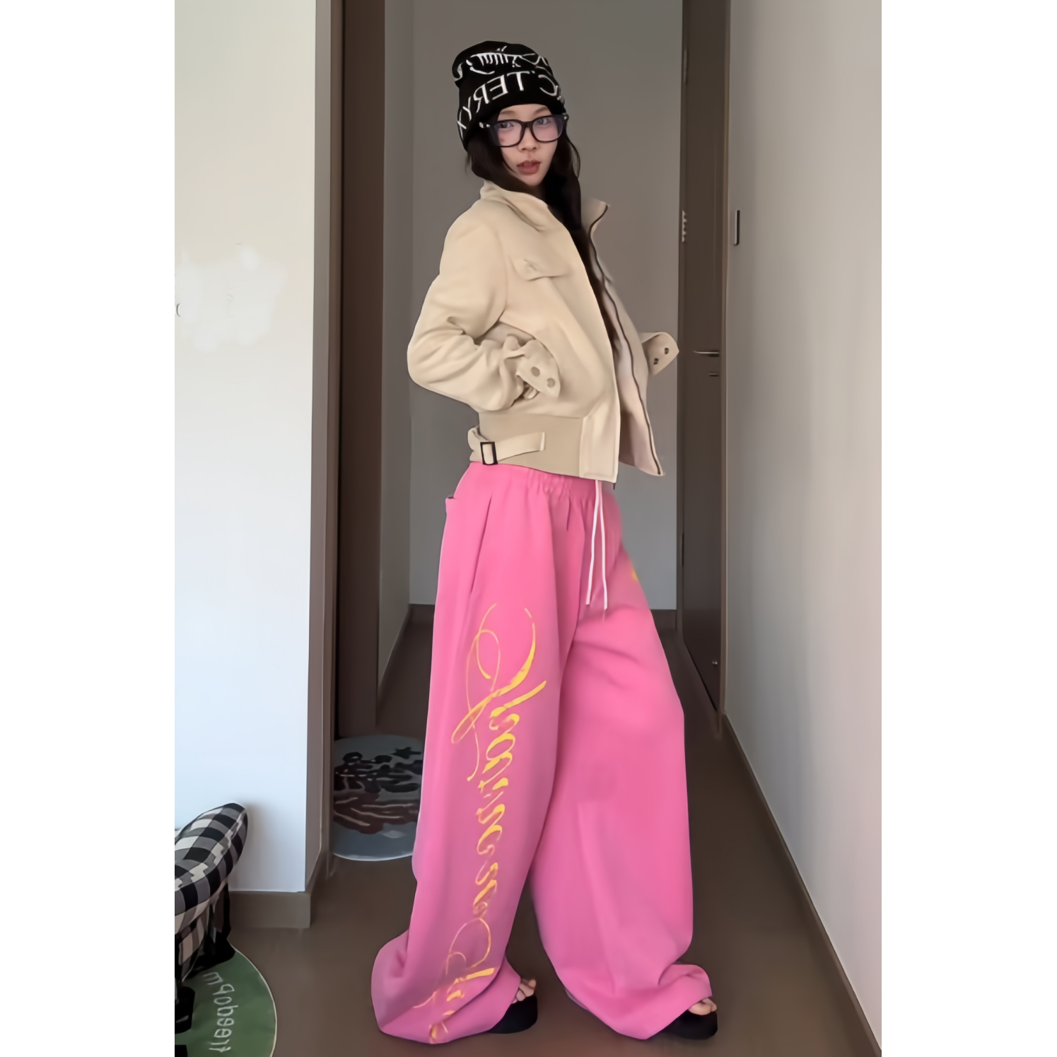 多巴胺辣妹星星字母印花阔腿休闲裤女秋季25新款宽松垂感拖地长裤