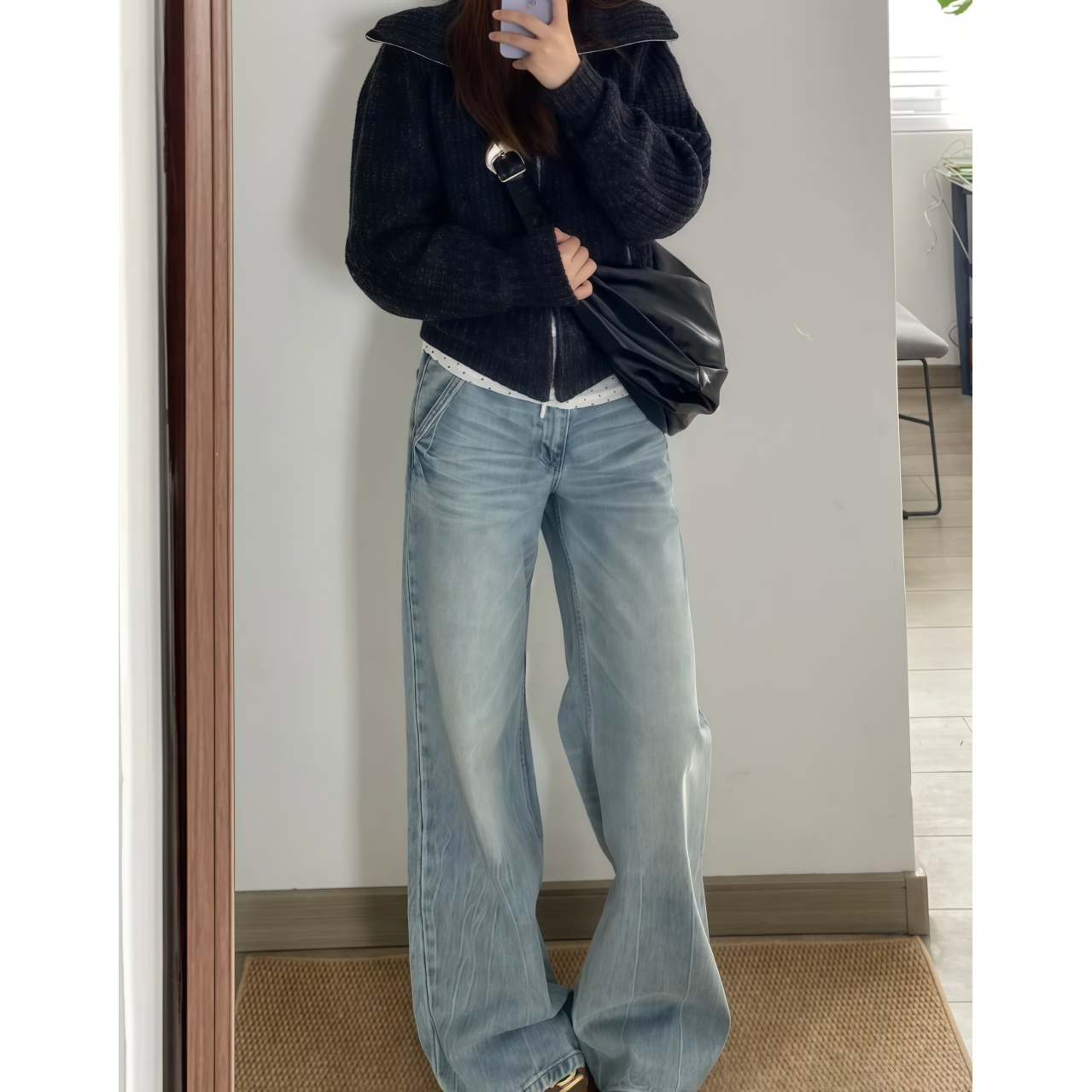 多巴胺美式水洗闪电裂纹蓝色牛仔裤女秋冬季2025宽松直筒阔腿裤子