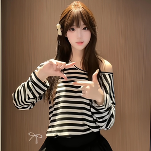上衣 美式 慵懒风条纹圆领防晒长袖 T恤女薄款 oversize宽松显瘦罩衫
