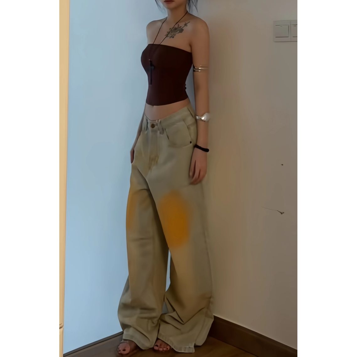 辣妹美式设计感做旧脏染阔腿牛仔裤女秋季25宽松百搭水洗拖地裤子