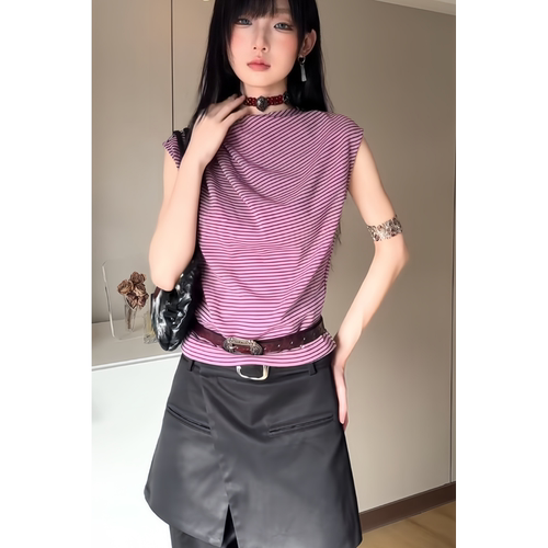 美式复古无袖T恤女2025新款夏季褶皱条纹设计感小众短袖紧身上衣