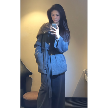 韩系高级设计感斗篷式仿貂毛大翻领拼接毛呢女冬季25新款大衣外套