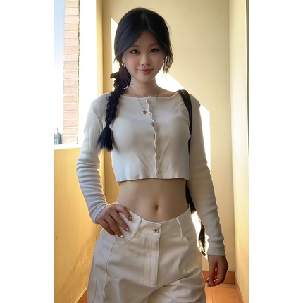 甜辣妹超短款露脐上衣女早秋2025新款气质单排扣长袖针织开衫外套