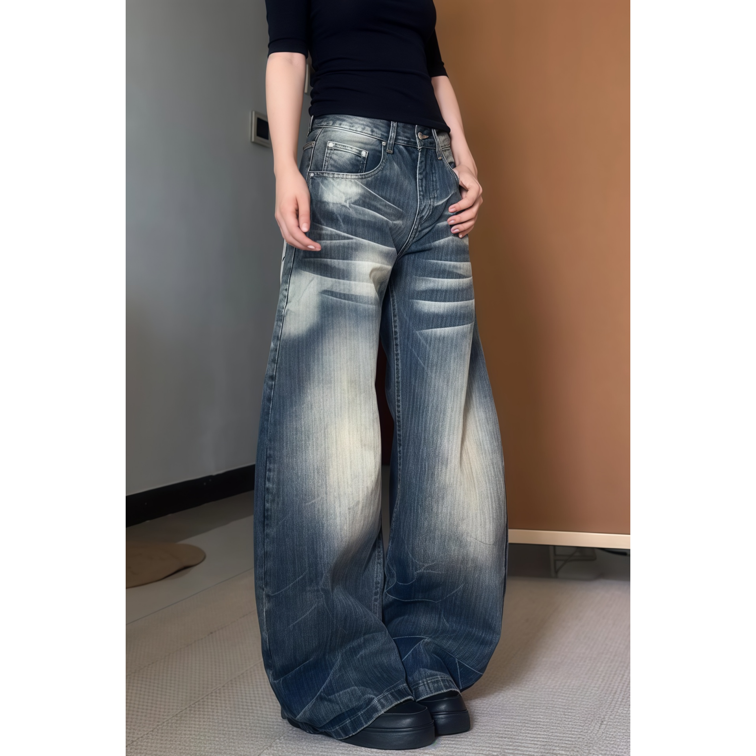 美式复古水洗竹节纹牛仔裤女秋季新款设计感宽松显瘦弯刀裤阔腿裤