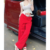 多巴胺大红色直筒牛仔裤 高腰宽松显瘦垂感拖地裤 女2025秋冬季 新款