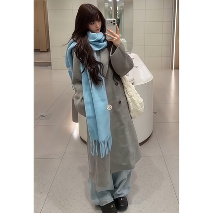 韩系赫本风加厚灰色大衣女2025冬季新款美式高级感小个子毛呢外套