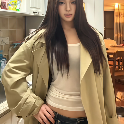 原SUN11 STUDIO经典卡其色大翻领廓形双排扣长款气质风衣大衣外套