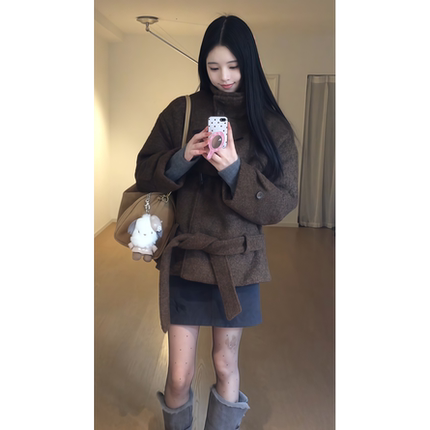 原SUN11 STUDIO韩系立领毛呢外套女2025秋冬季新款高级感呢子大衣