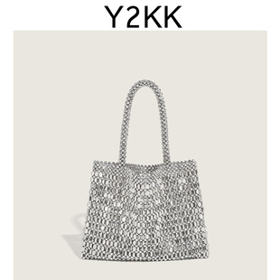 韩系时尚 时髦洋气银色闪闪百搭串珠ins手挎包 手工编织手提包夏季