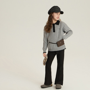 女童韩版百搭翻领针织衫冬装儿童保暖内搭上衣中大童气质拼色毛衣