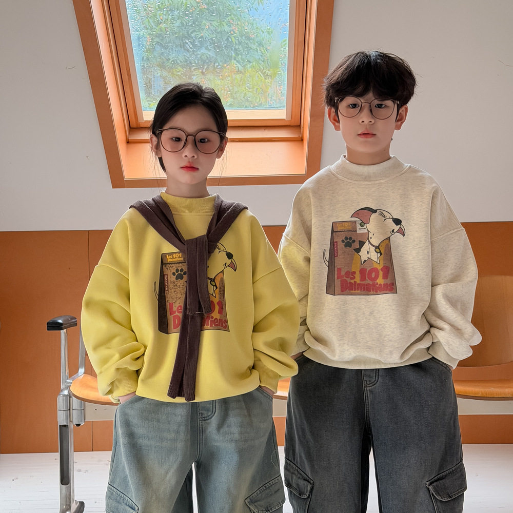 儿童加绒卫衣冬季韩版男女童加厚卡通印花字母卫衣休闲圆领上衣潮