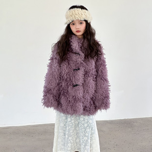 冬季女童仿皮草外套8-12岁中大童仿羊羔毛毛加厚保暖大衣新年战服