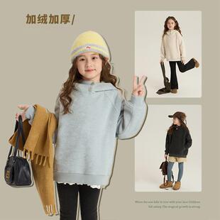 儿童韩版加绒连帽卫衣2025冬季男女童毛巾绒设计感连帽衫保暖上衣