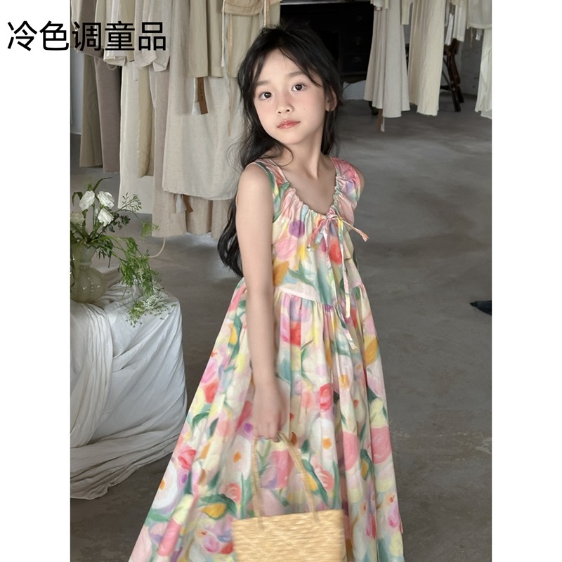 女童油画风花朵长款连衣裙图片