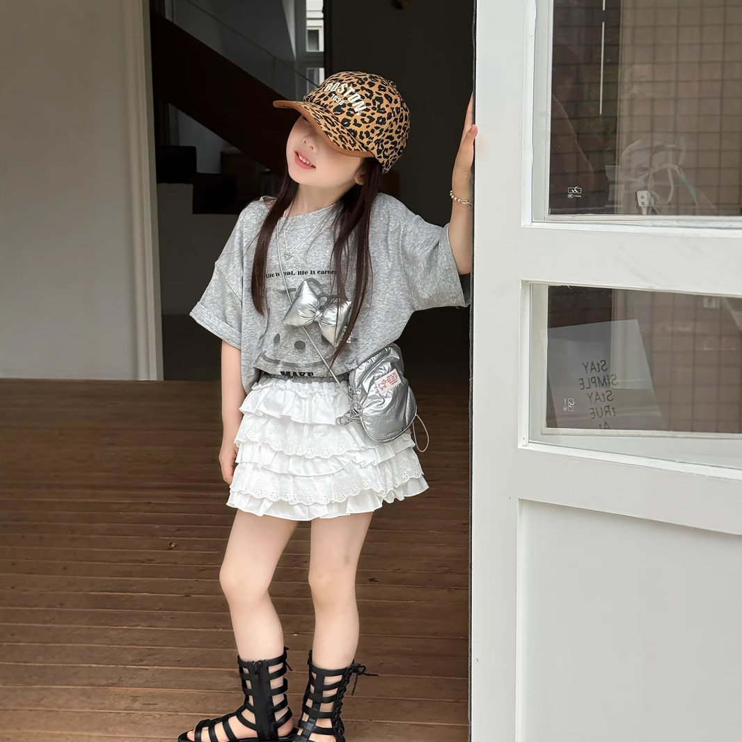 女童夏季可爱卡通立体大蝴蝶结短袖T恤小女孩蕾丝花边裙裤蛋糕裙